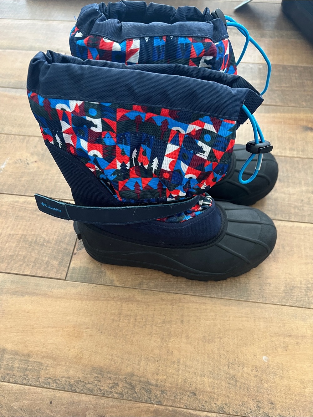 Columbia Navy Winter Boots with Red & Blue Geometric Print